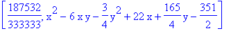 [187532/333333, x^2-6*x*y-3/4*y^2+22*x+165/4*y-351/2]